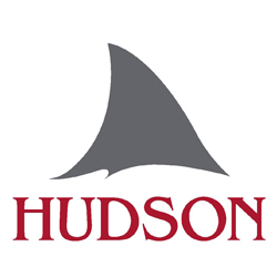 Hudson Boat Works logo. Shark fin image above text in red: HUDSON