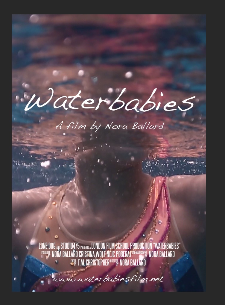 The torso of a female synchronized swimmer below the waterline. Film title above: Waterbabies