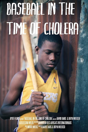 A Black boy in a yellow shirt rests a baseball bat over his shoulder. Film title above image: Baseball in the Time of Cholera