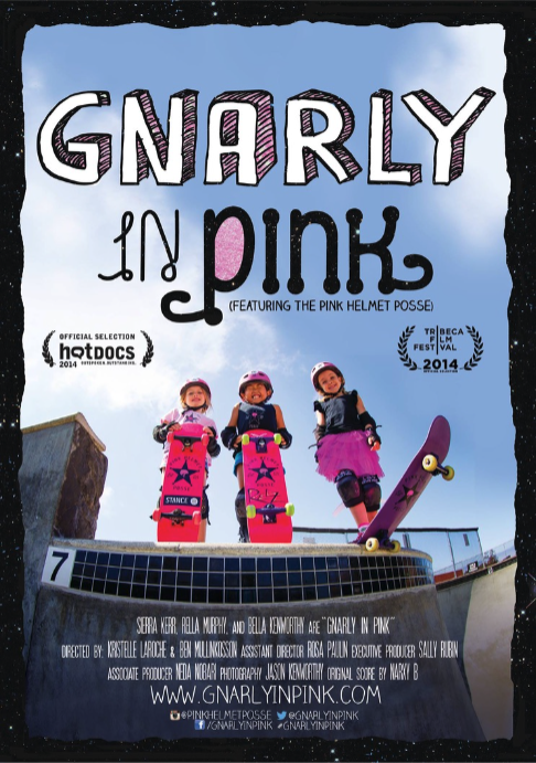 Poster for the film Gnarly in Pink with 3 6-year old girls in helmets with skateboards