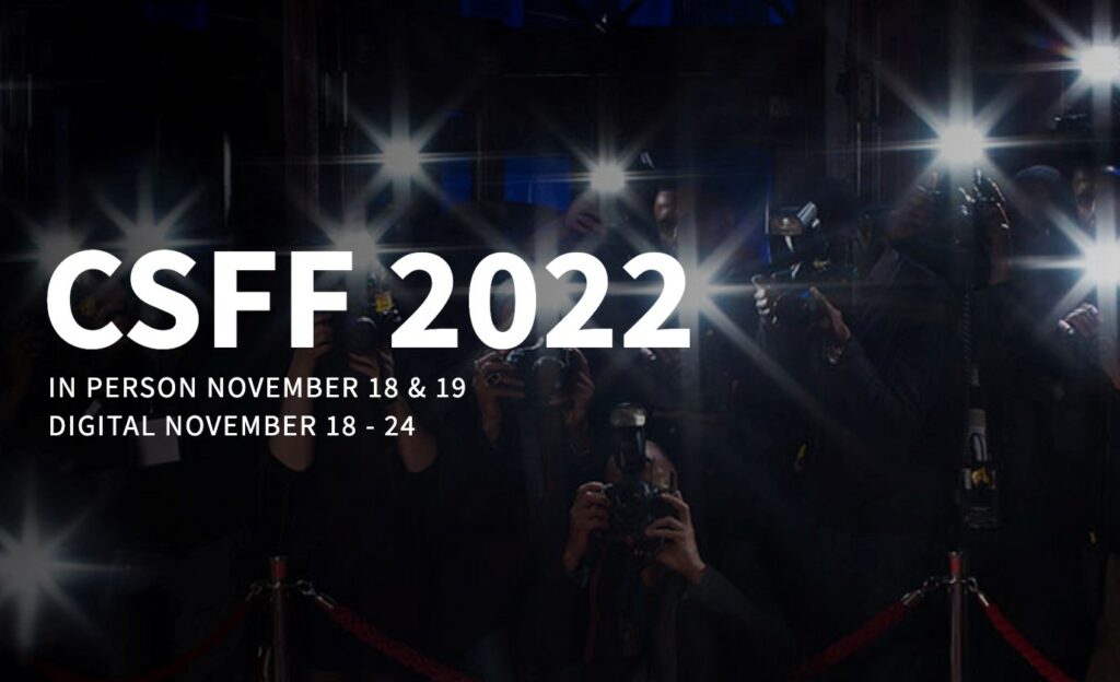 CSFF 2022 Festival web banner. Text: 'CSFF 2022' plus dates over image of flash bulbs on red carpet.