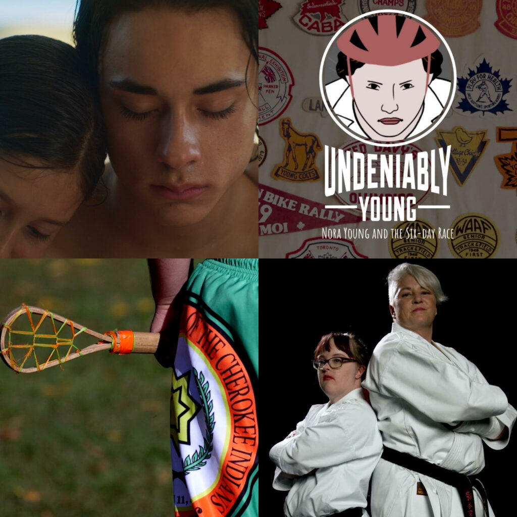 The 4 films in the 2023 CSFF Virtual Short Film Series: Top left: 'Bleach'. Top right: 'Undeniably Young'. Bottom left: 'She Carries On'. Bottom right: 'Sensei'. #CSFFvirtualshorts