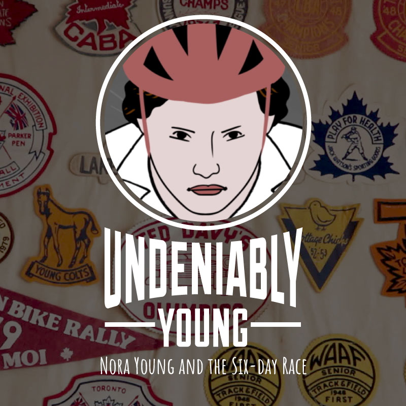 'Undeniably Young' short doc poster. Drawing of Canadian athlete Nora Young (wearing a cycling helmet) over a photo of the wall of sports crests she won for athletics in the 1930s.