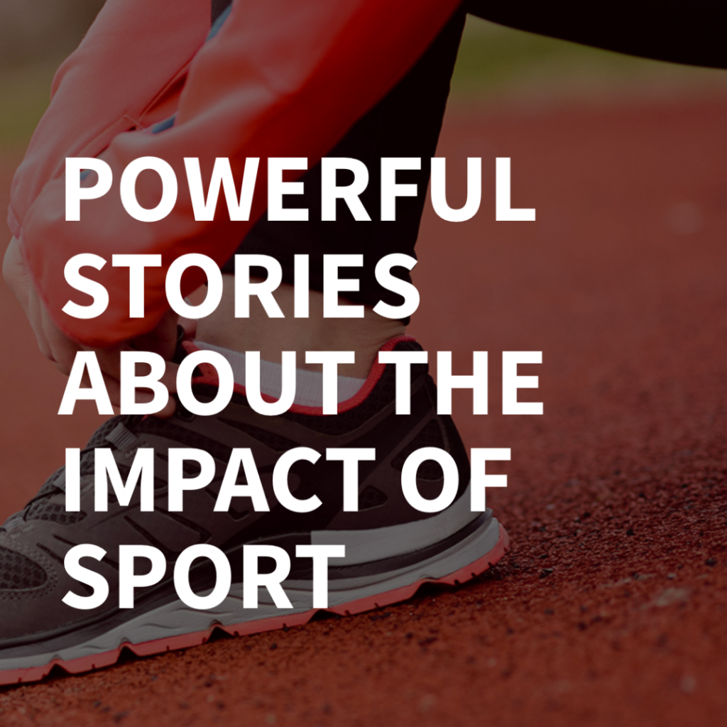 Text: 'Powerful stories about the impact of sport'. Web banner for CSFF website. Image: close-up of a running shoe on a track.