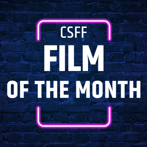 Watch the CSFF Film of the Month sportfilmfestival.ca - white text over (black light) brick background.