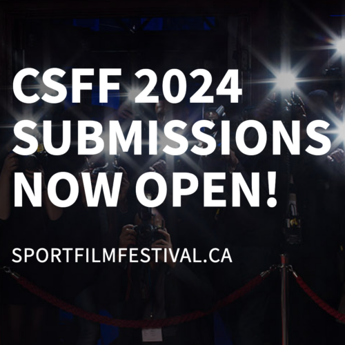 Text over black background with flashbulbs: CSFF 2024 Submissions Now Open! sportfilmfestival.ca