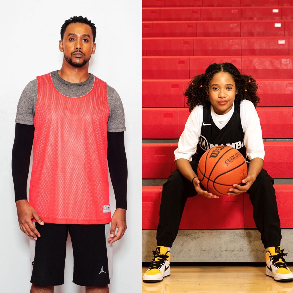 2 images from short film REGULAR: Reggie at left in basketball gear, daughter at right. CSFF Virtual Shorts April 2024