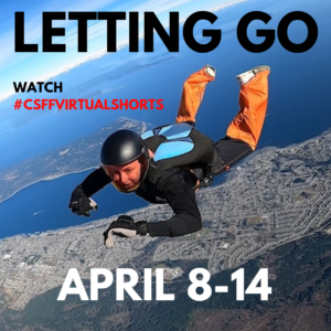 Image of female skydiver in sky above Campbell, River BC in the short film LETTING GO screening in CSFF Virtual Shorts April 8-14
