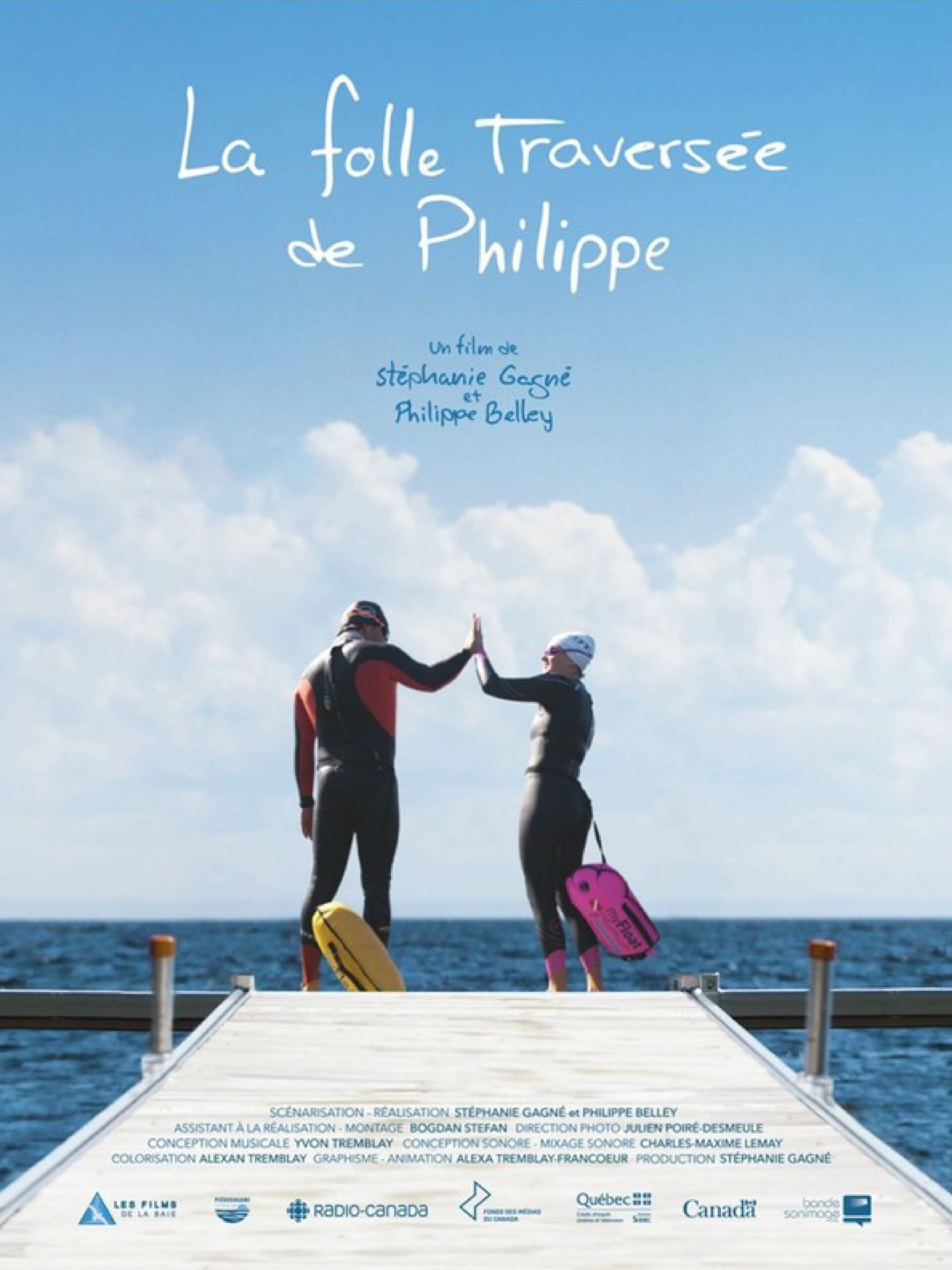 Poster for the doc 'Philippe, a lake and a dream' at CSFF 2024 showing a father and daughter in wetsuits high-fiving on a dock.